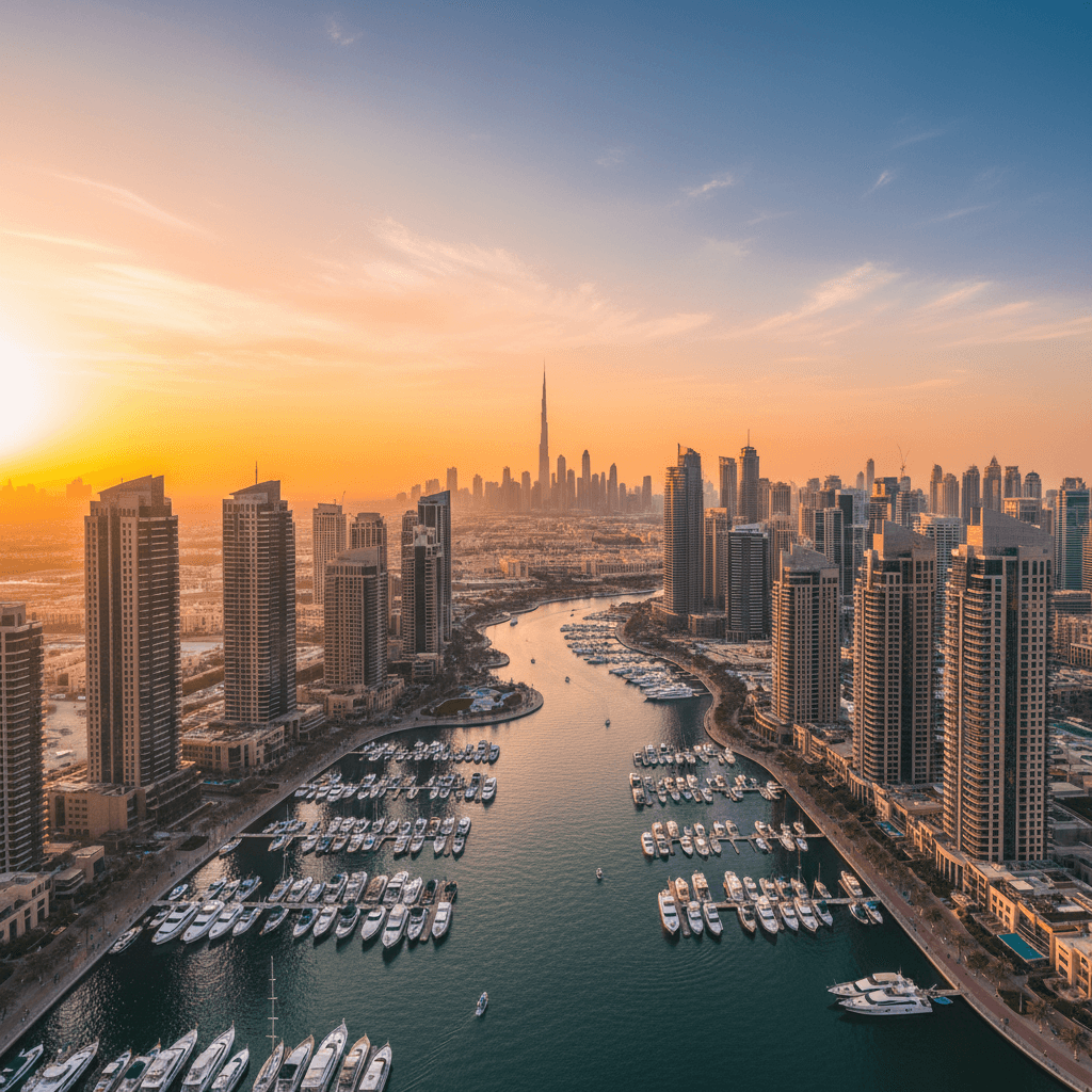 Dubai Marina waterfront apartments at night, luxury property for sale 2025